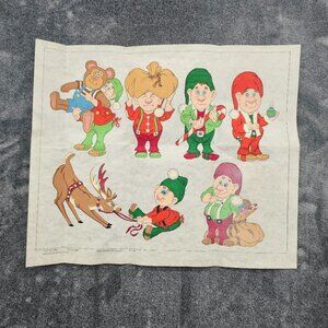 Vintage Santa's Elves Cut out Painted Fabric 16x20 made & Printed  USA Christmas